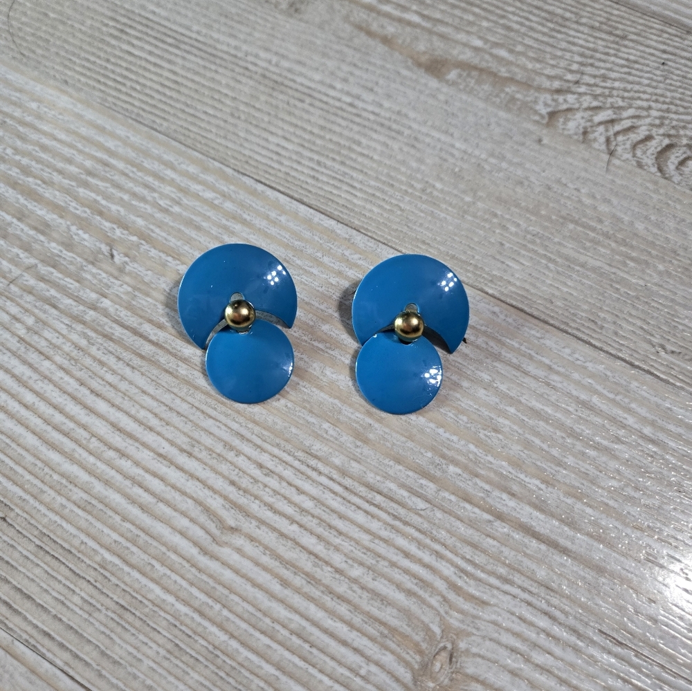 Vintage 80s Blue Enamel Disc Earrings